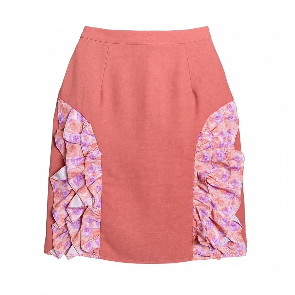 New Small Ruffle High Rise Floral Solid Peach Skirt Pink Pencil Mini Fitted